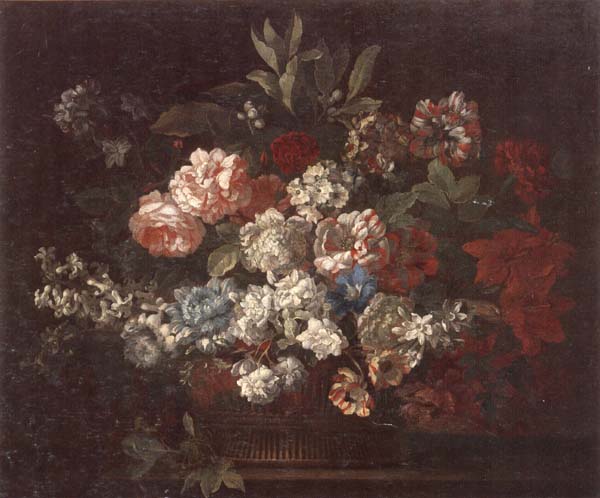 unknow artist Still life of various flowers,in a wicker basket,upon a stone ledge